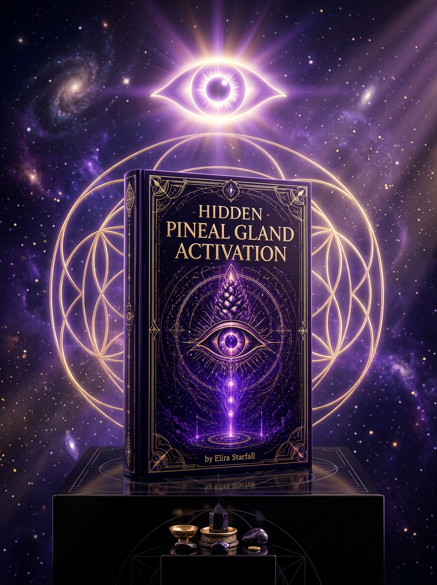 Hidden Pineal Gland Activation book displayed on an obsidian altar surrounded by golden sacred geometry