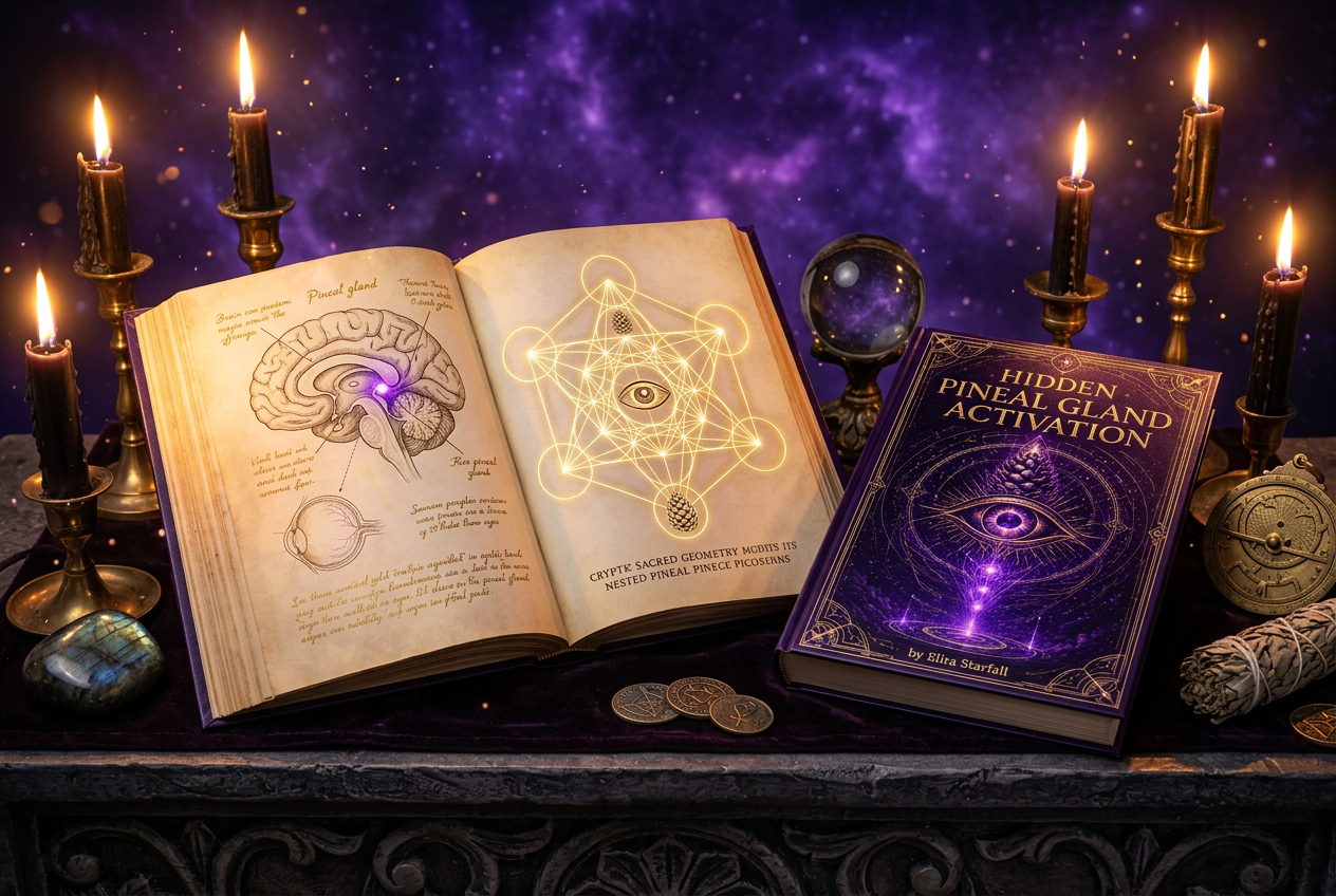 Open pages of Hidden Pineal Gland Activation revealing pineal gland anatomy and sacred geometry diagrams